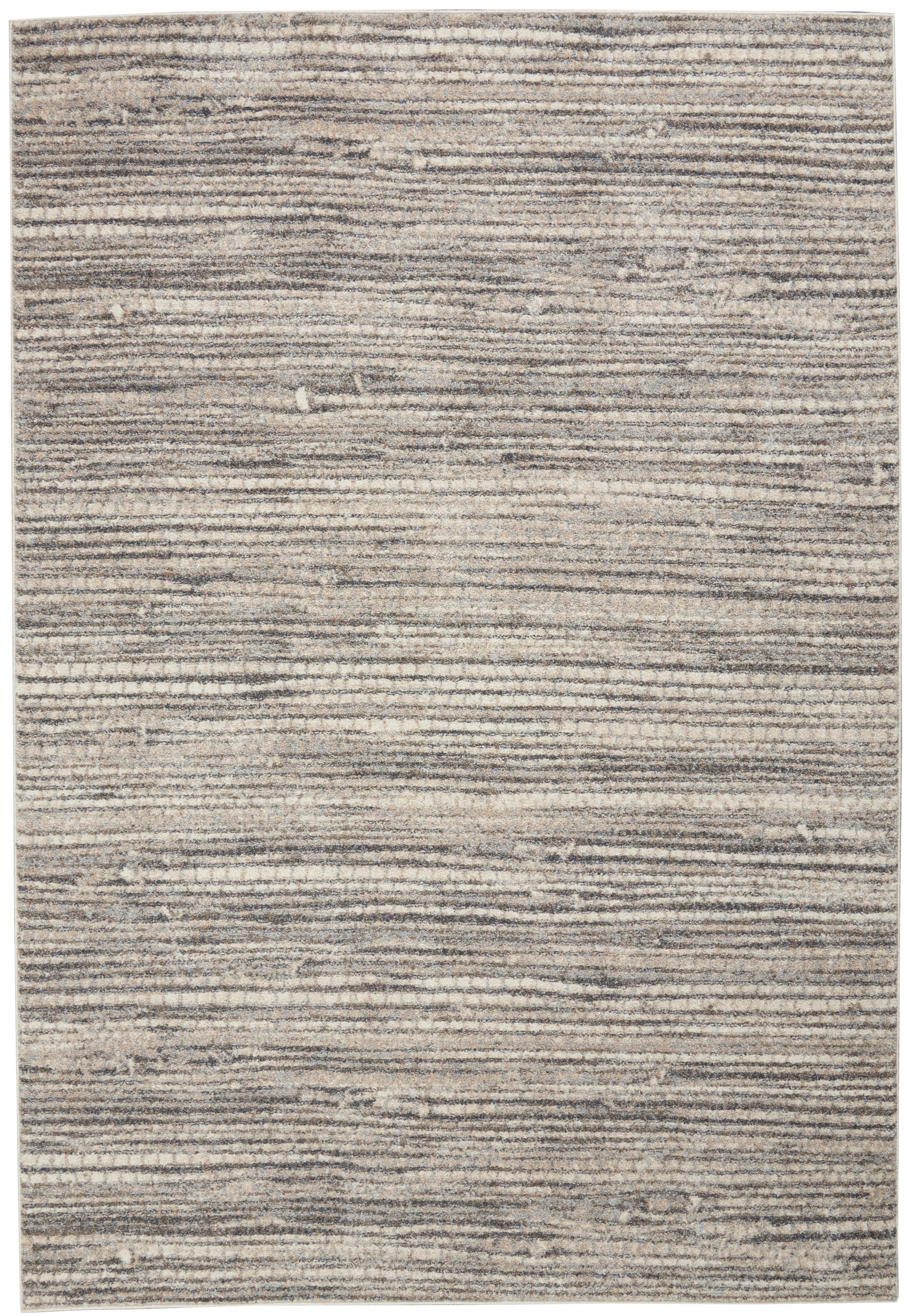 Rectangular area rug with muted gray and beige horizontal stripes and soft textured pile (3' x 5').