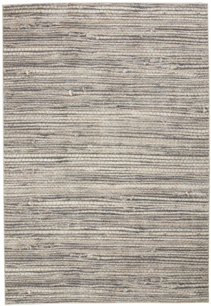 Rectangular area rug with muted gray and beige horizontal stripes and soft textured pile (3' x 5').