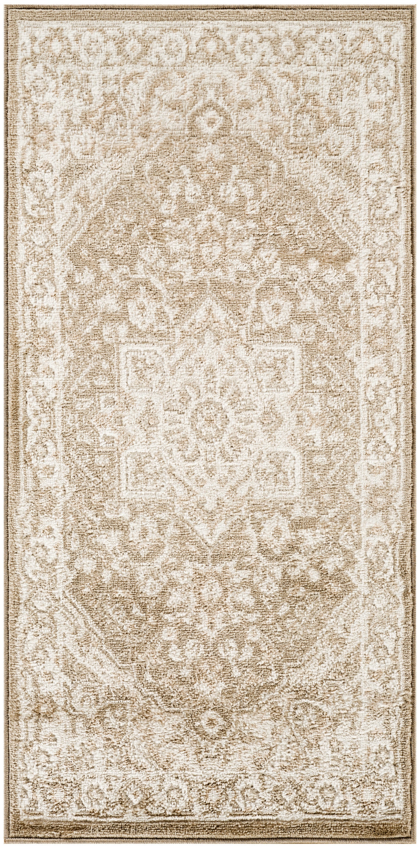 Beige ivory ornate area rug with central medallion, floral motifs and decorative border.