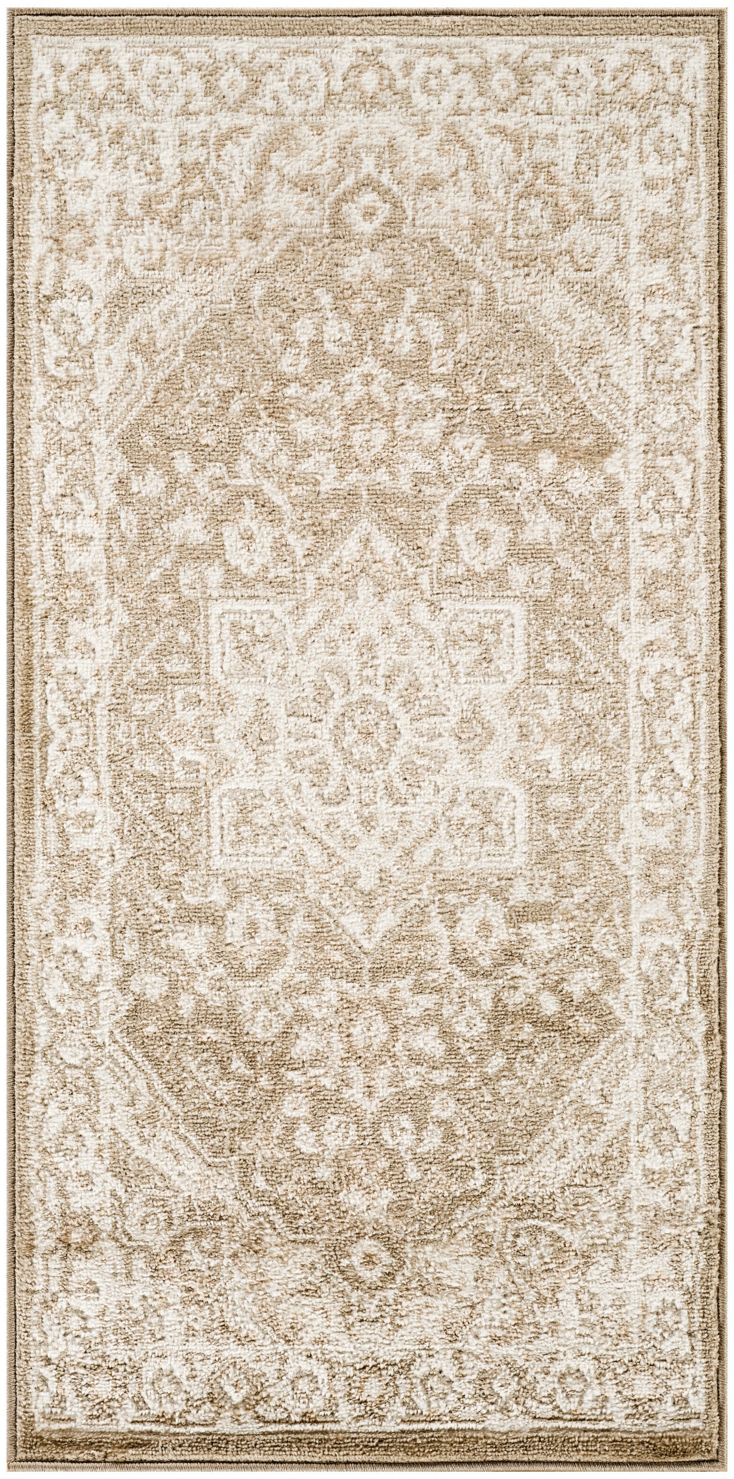Beige ivory ornate area rug with central medallion, floral motifs and decorative border.