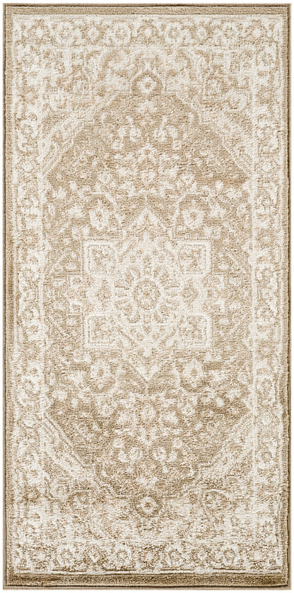 Beige ivory ornate area rug with central medallion, floral motifs and decorative border.
