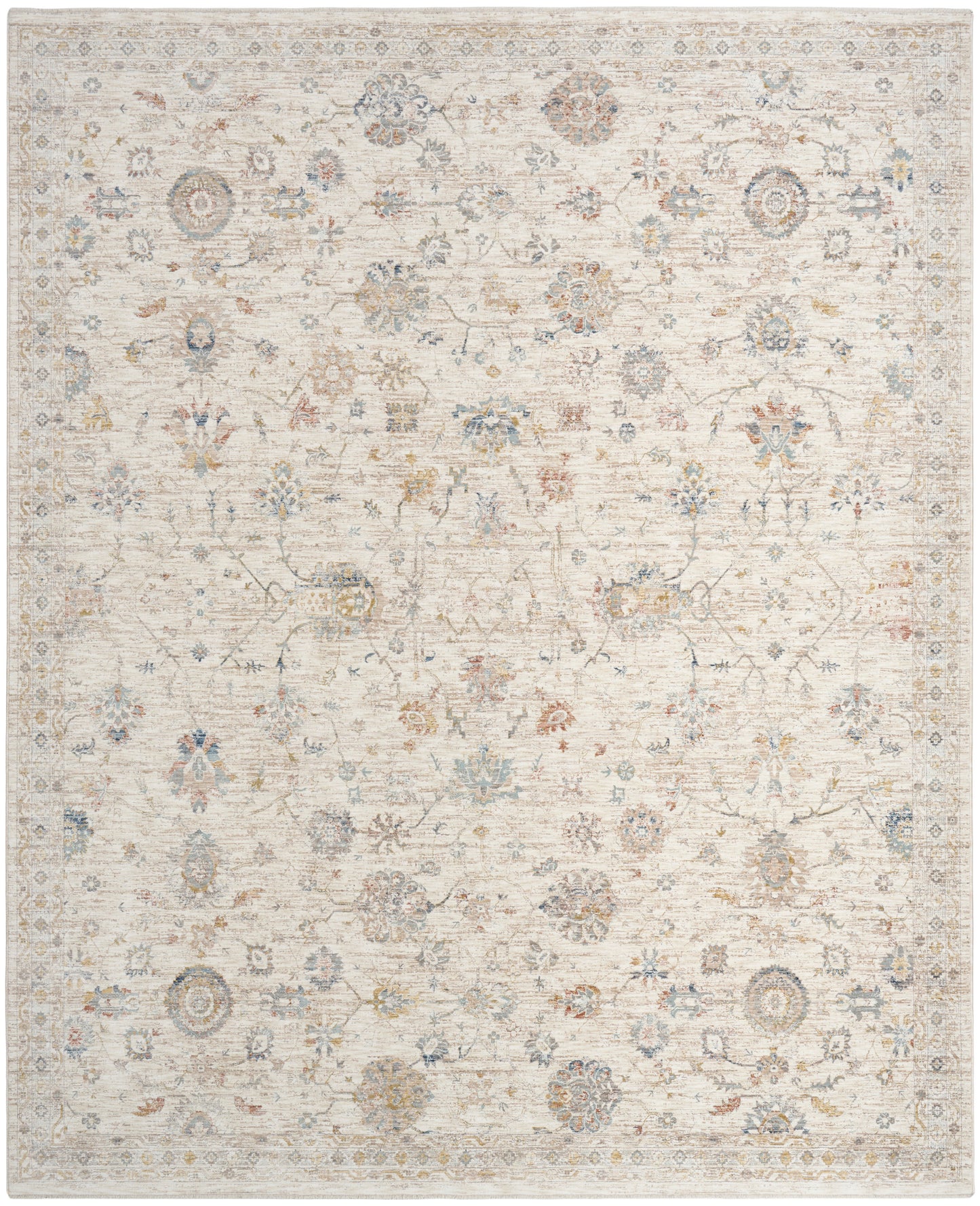 Light beige distressed oriental rug with muted blue, gold, and brown floral medallions and vines.