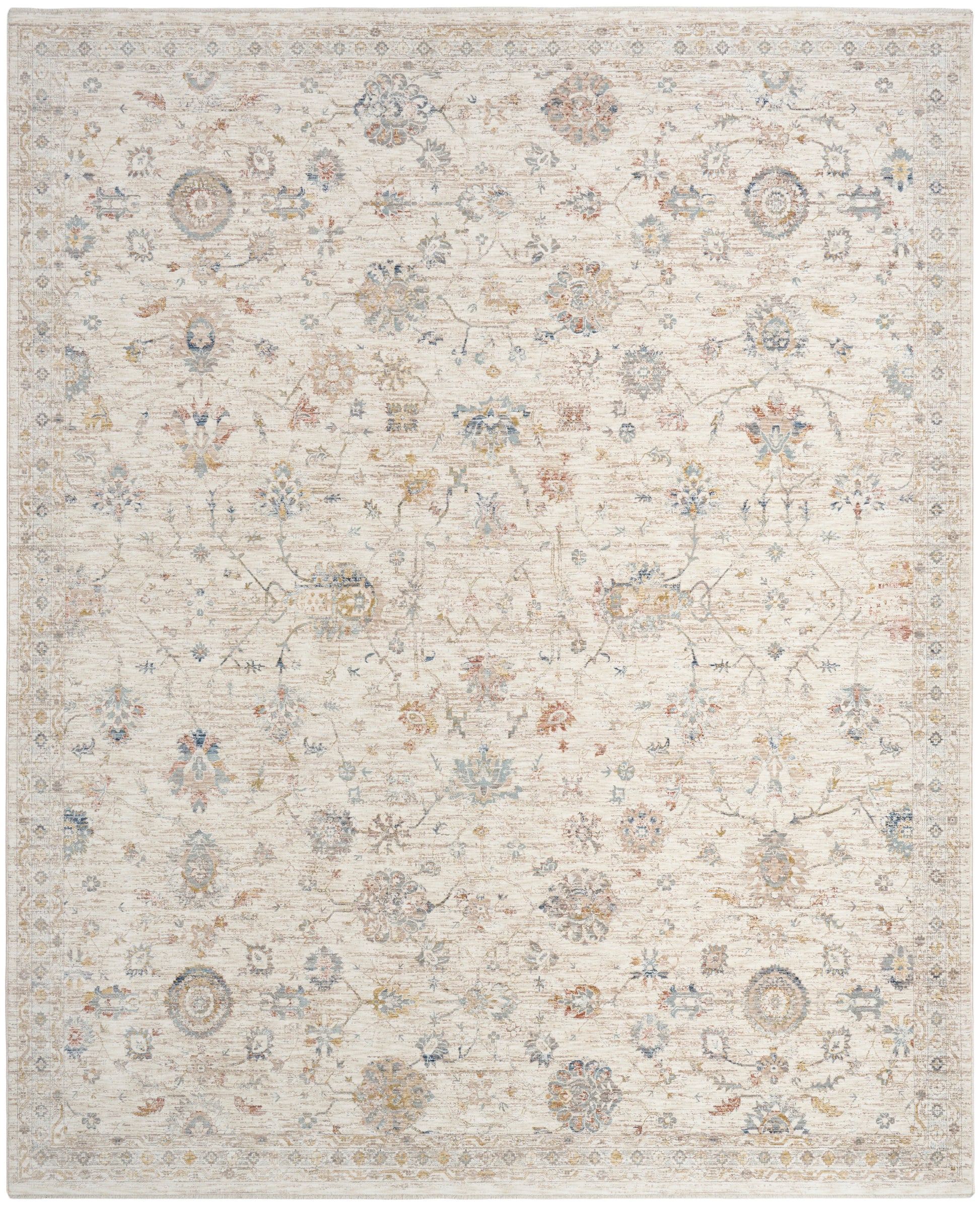 Light beige distressed oriental rug with muted blue, gold, and brown floral medallions and vines.