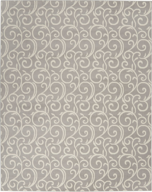 Grey rug with white scrolling vine damask pattern; modern decorative textile for living room