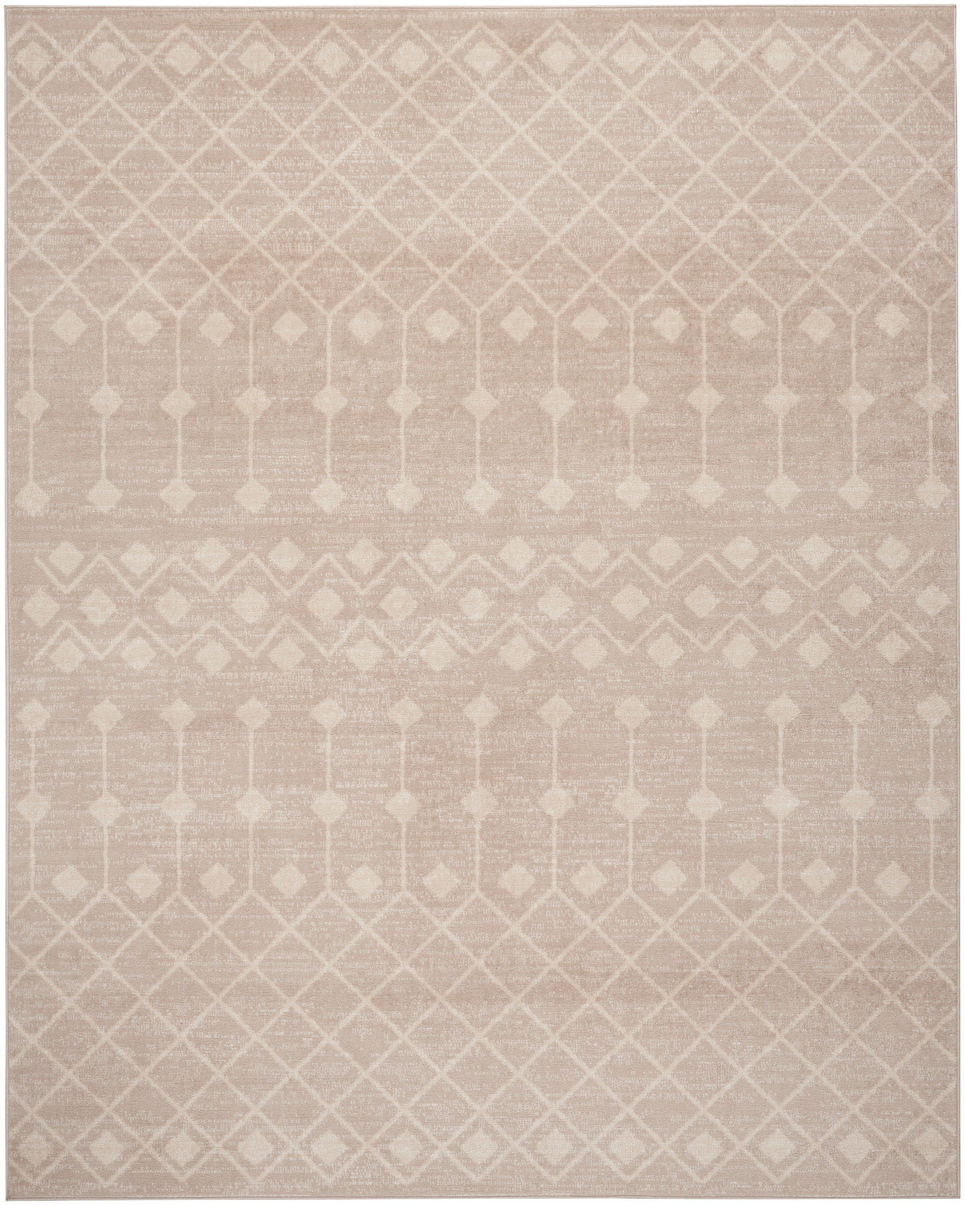 Blush pink geometric rug with ivory lattice diamonds and dotted border bands; soft textured rug.