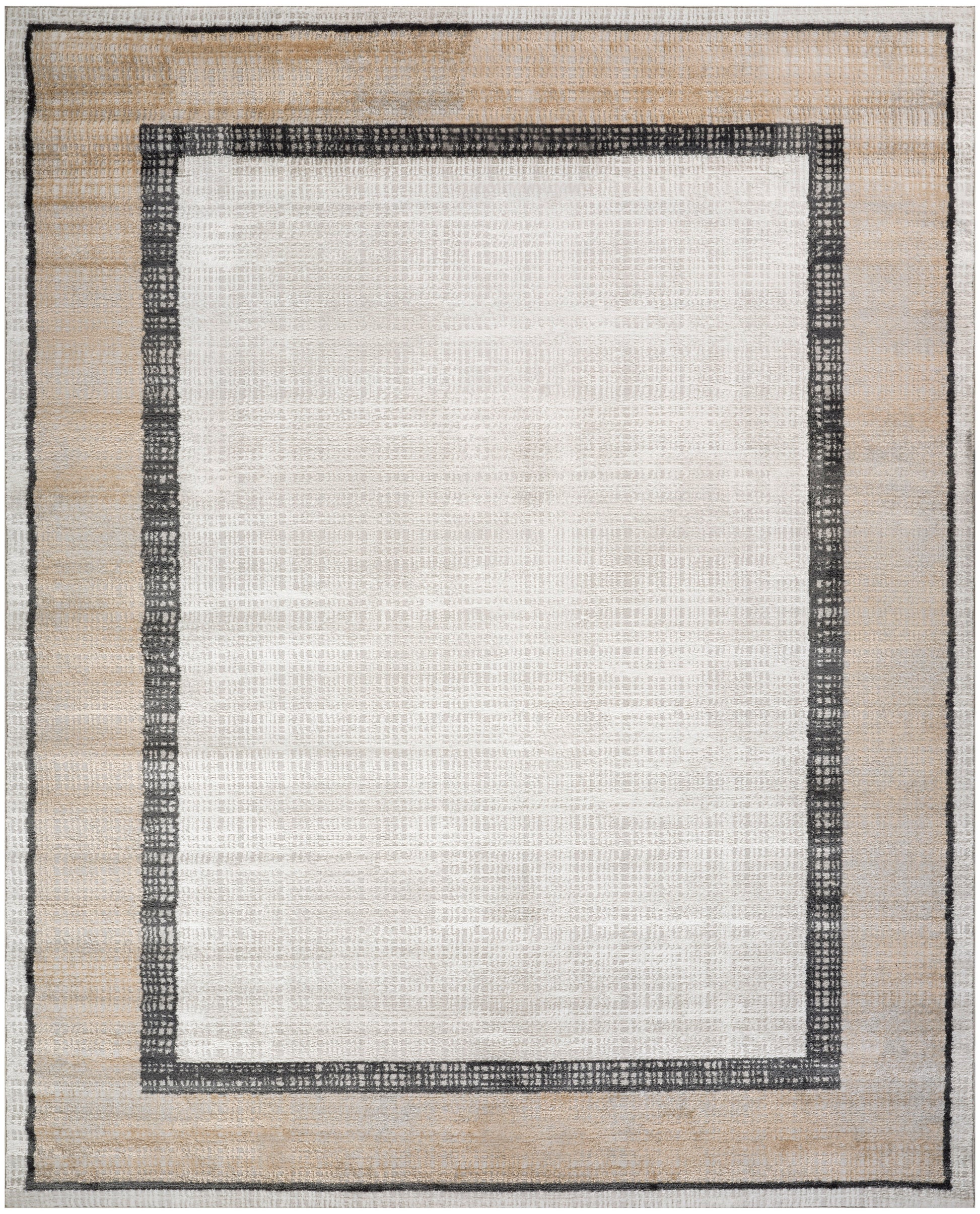 Woven rectangular rug with light ivory center, dark gray inner border and beige outer frame; modern, neutral decor.