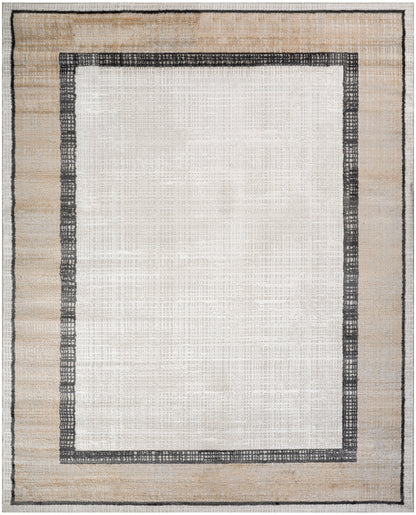 Woven rectangular rug with light ivory center, dark gray inner border and beige outer frame; modern, neutral decor.
