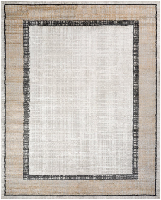 Woven rectangular rug with light ivory center, dark gray inner border and beige outer frame; modern, neutral decor.