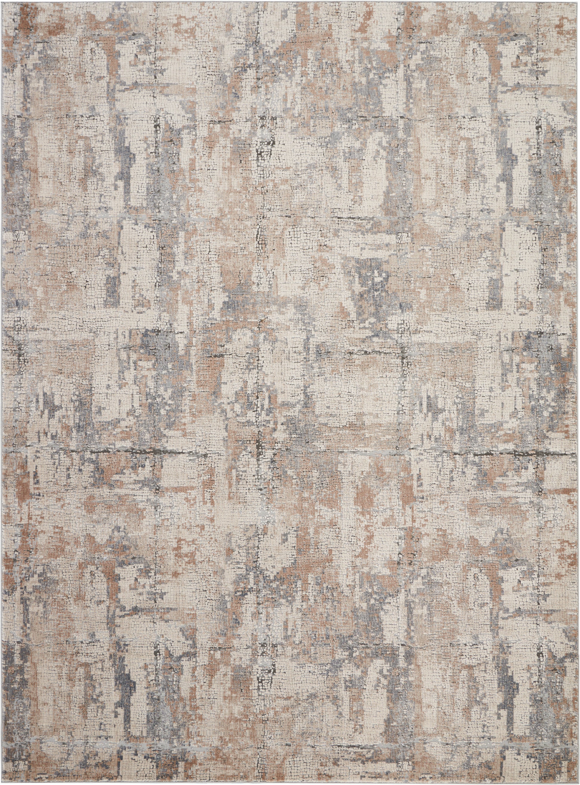 Abstract distressed rug in beige, cream, taupe and gray; modern patchwork design with a soft woven texture.