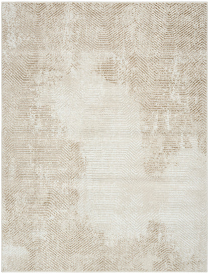 Cream-toned area rug with a subtle beige geometric pattern and gently distressed texture.