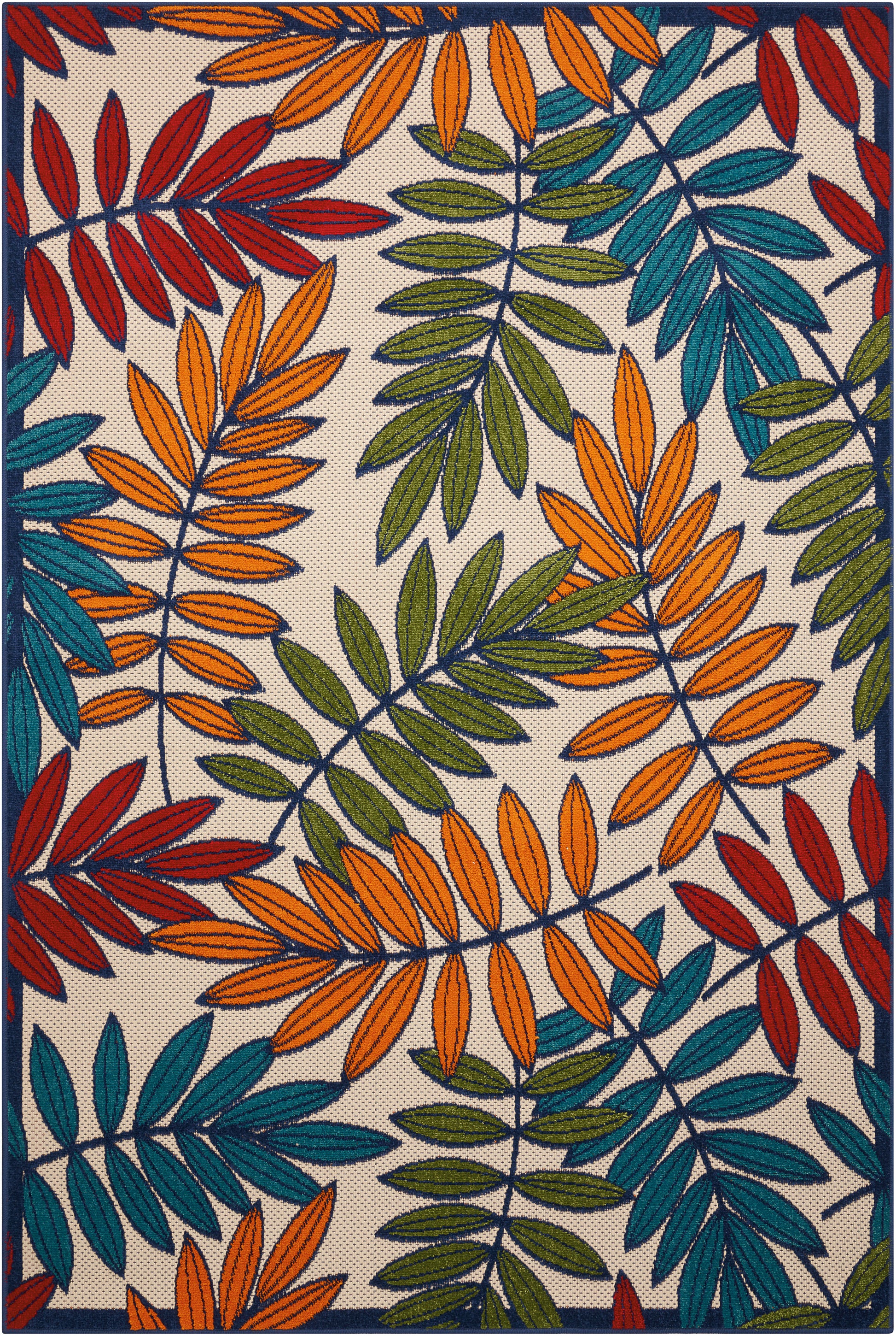 Bold tropical leaf rug with orange, red, teal and olive leaves on beige; woven textile pattern.