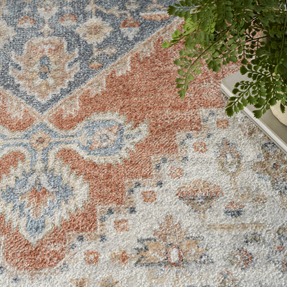 Rust, blue, and cream oriental rug with floral motifs; plush pile beside a potted plant.