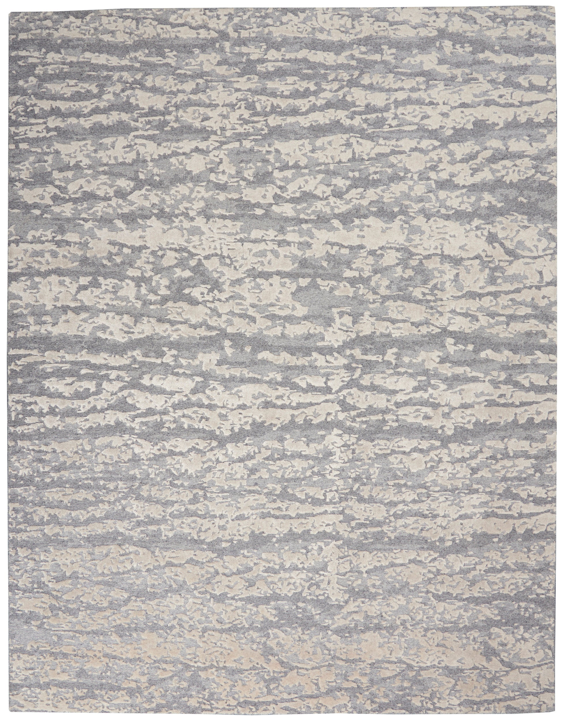 Gray and cream abstract textured rug with cloudy pattern; contemporary low-pile area rug.
