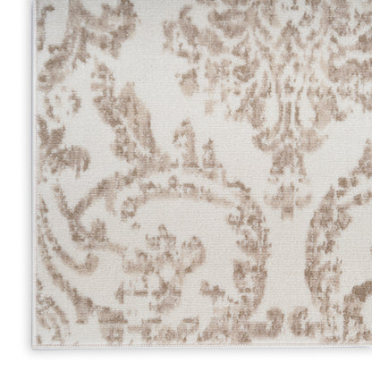 Ivory fabric with taupe damask floral pattern; woven textile swatch for upholstery or drapery.