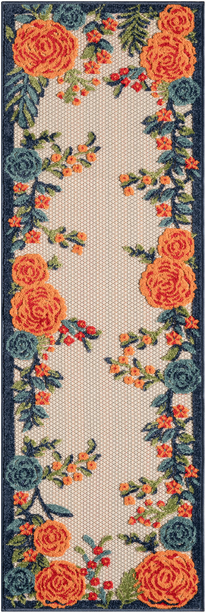 Navy bordered runner rug with bright orange roses, teal blooms and green leaves framing a beige center.