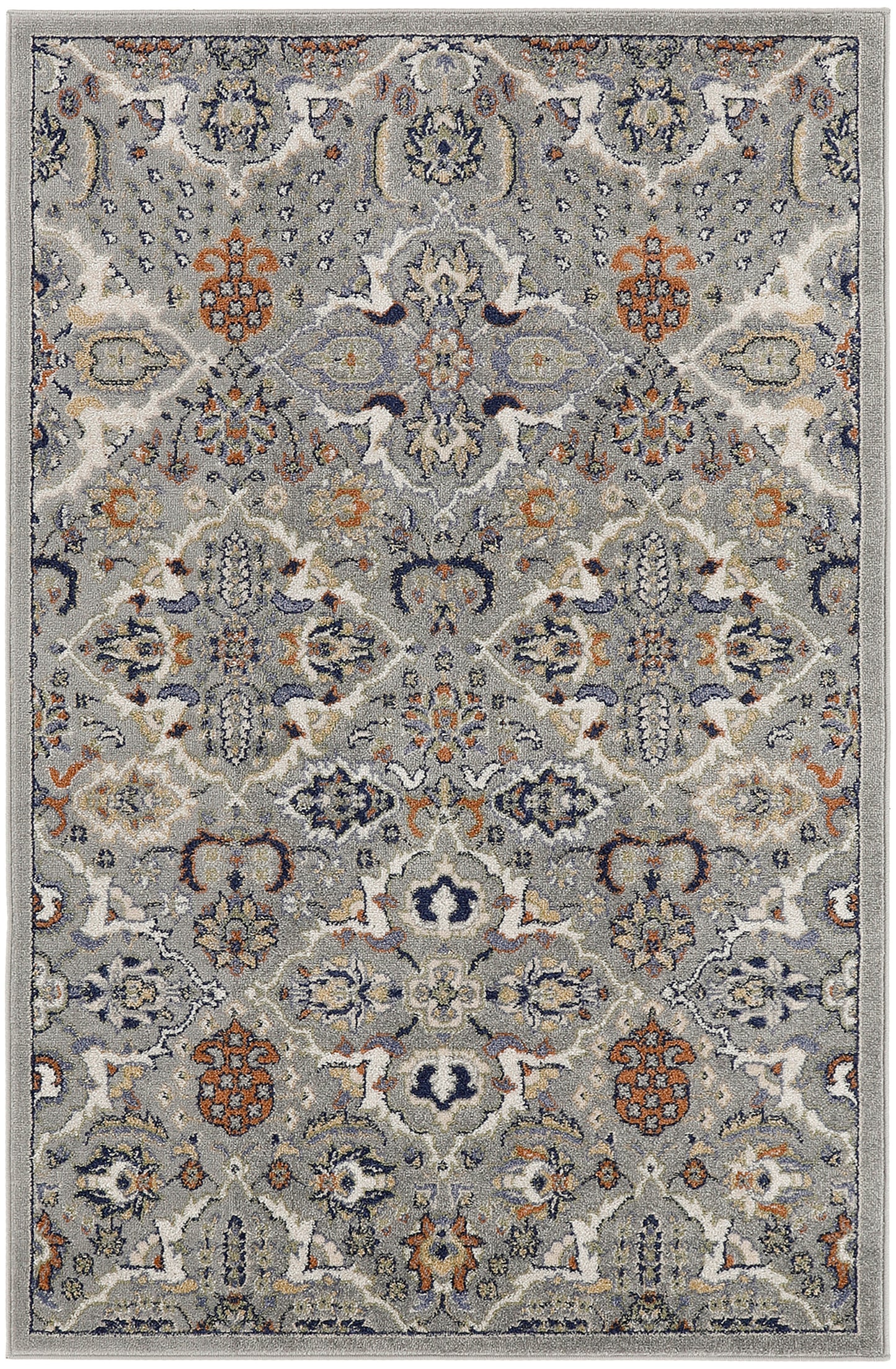 Rectangular grey Bohemian-style area rug with ornate floral medallion pattern in blue, ivory, and orange accents.