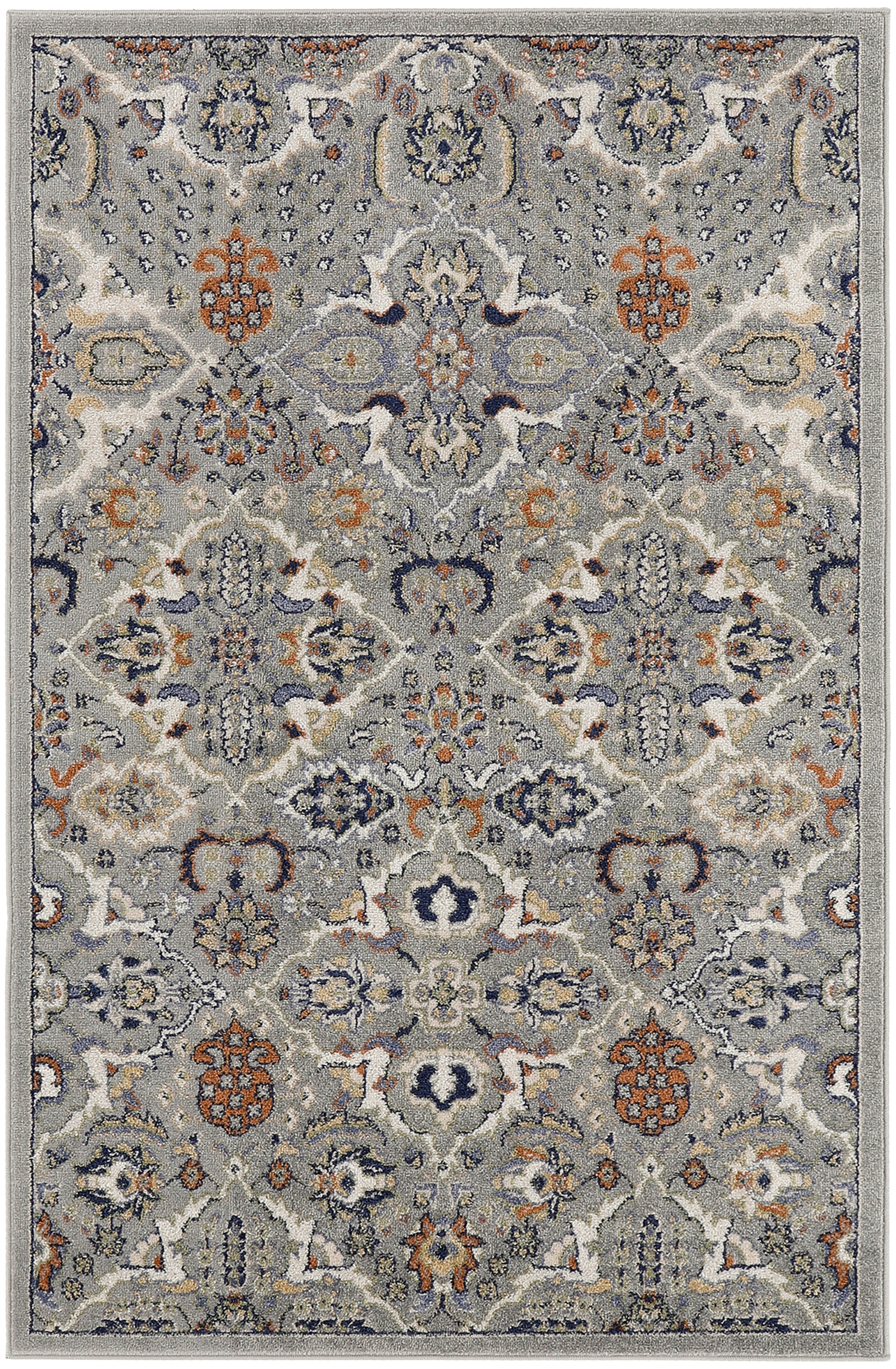 Rectangular grey Bohemian-style area rug with ornate floral medallion pattern in blue, ivory, and orange accents.