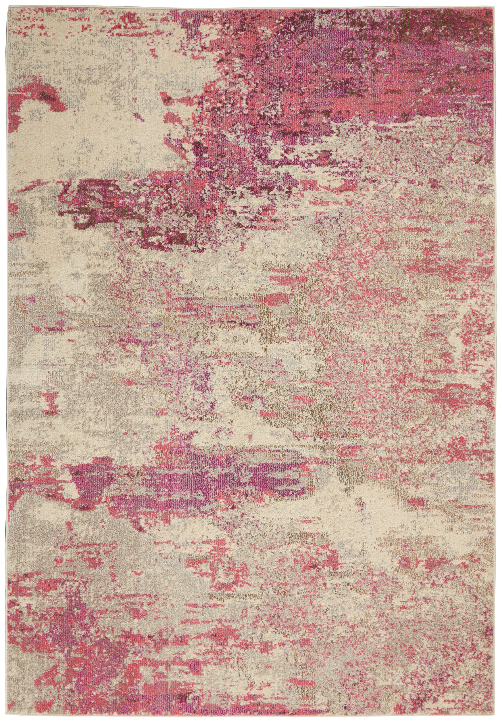 Rectangular abstract beige area rug with pink and magenta brushstroke patches; modern decorative textile.
