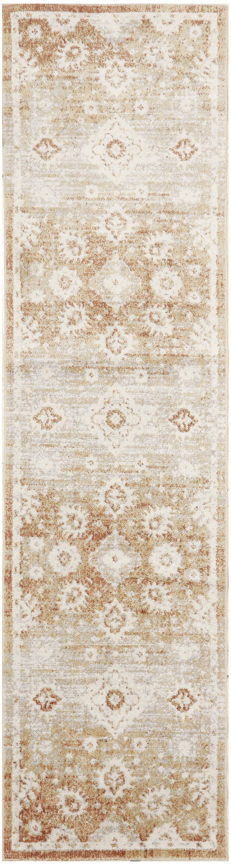 Beige oriental-style runner rug with faded ivory and terracotta medallions, geometric borders, vintage distressed look.