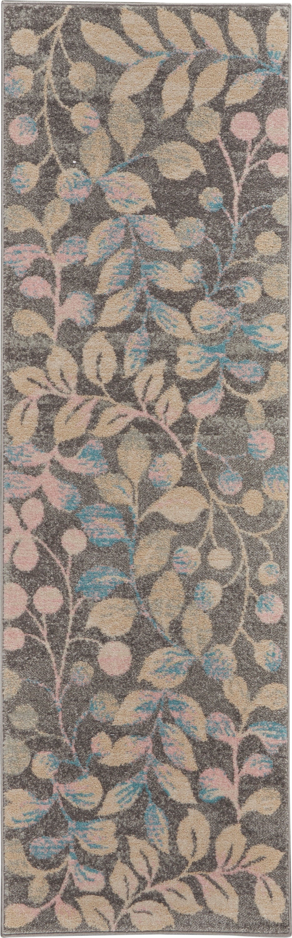 Rectangular area rug with charcoal gray background and pastel beige, pink, and blue botanical leaf pattern.