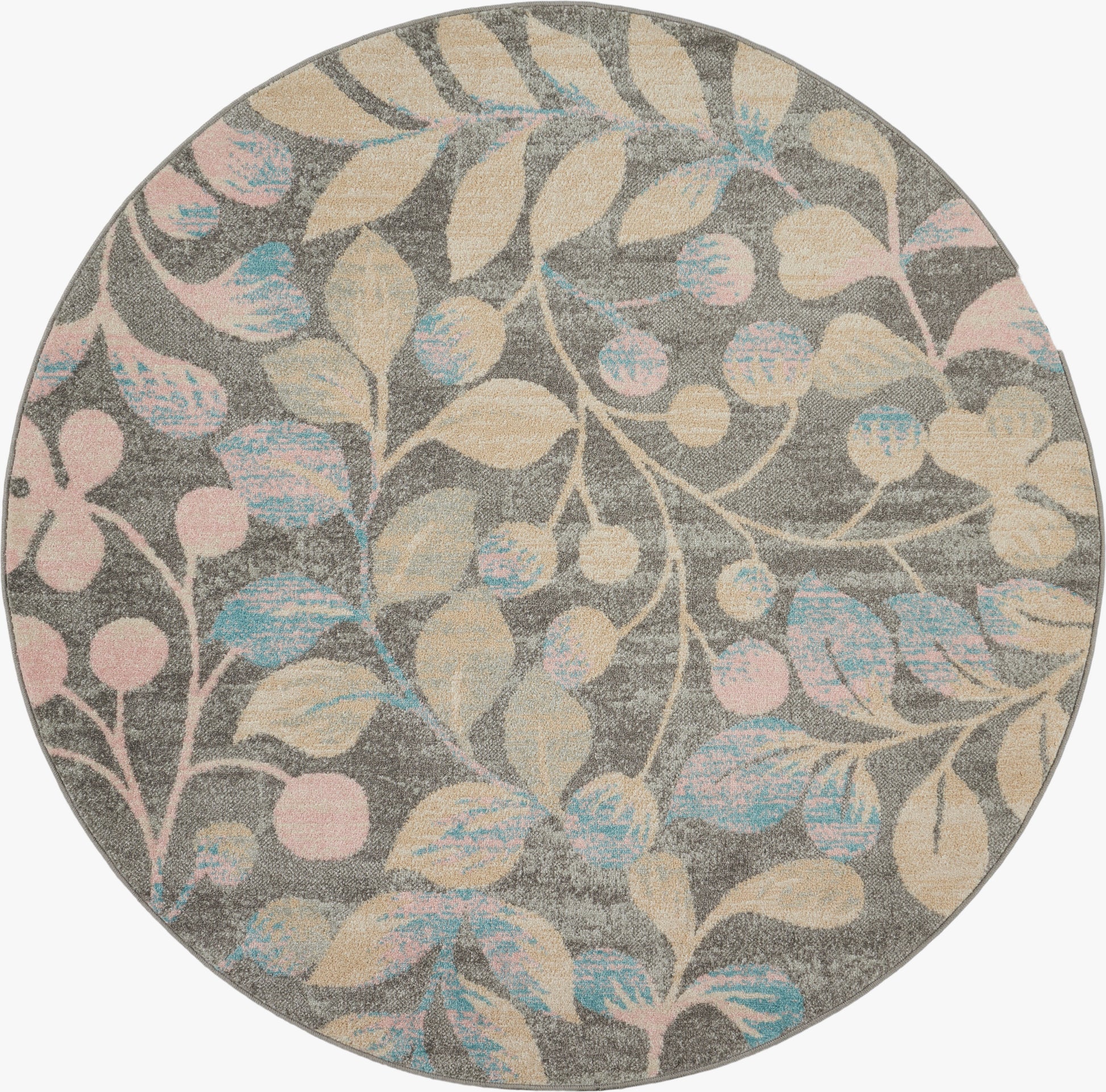 Round rug with pastel beige, pink & blue leaves on gray background; botanical floral pattern.