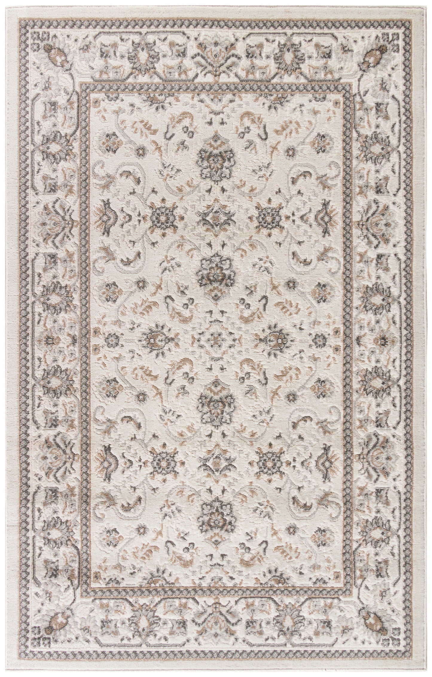 Cream & taupe oriental-style area rug with gray floral medallions & ornate border; rectangular, plush pile for living rooms.