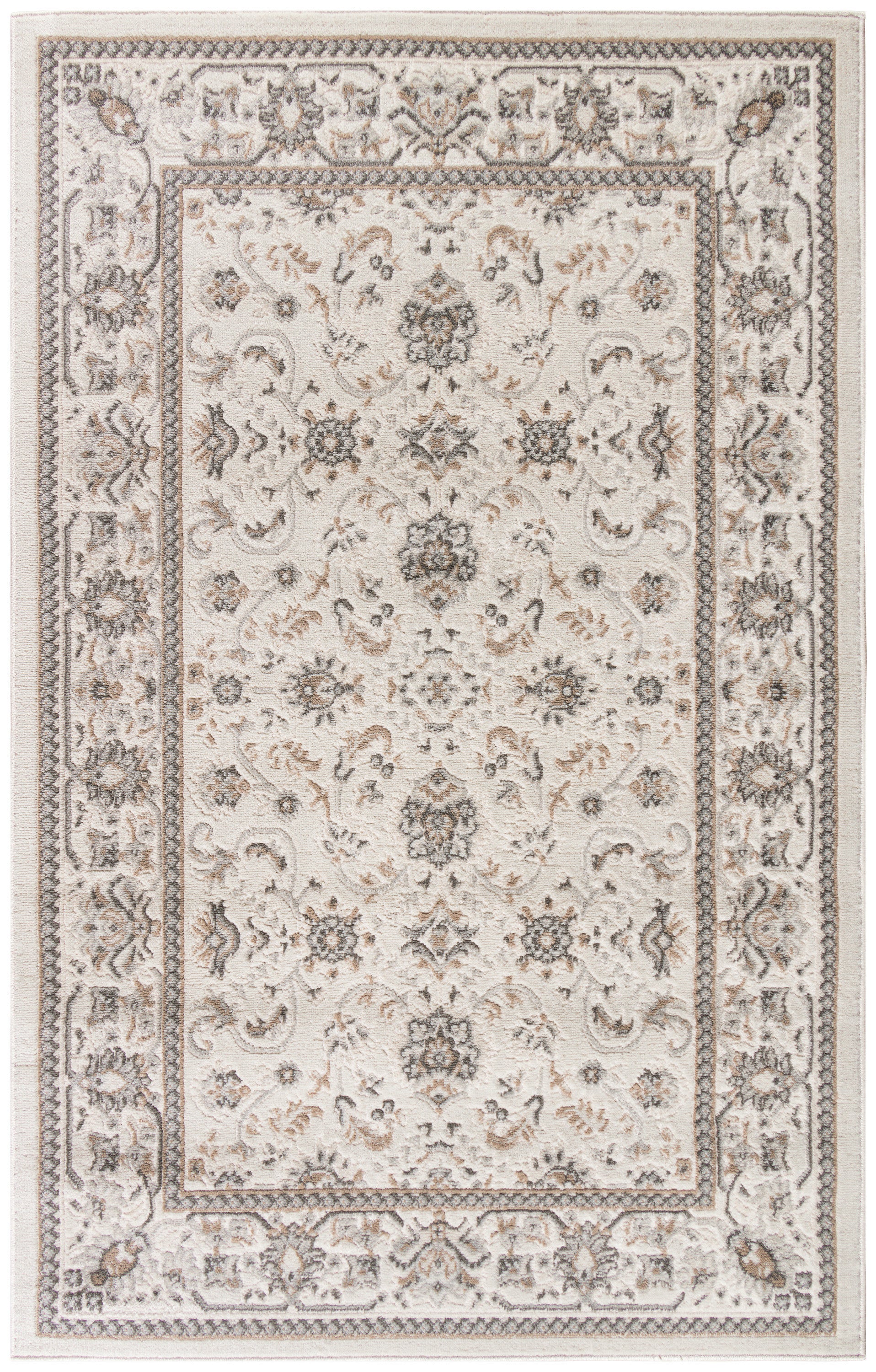 Cream & taupe oriental-style area rug with gray floral medallions & ornate border; rectangular, plush pile for living rooms.