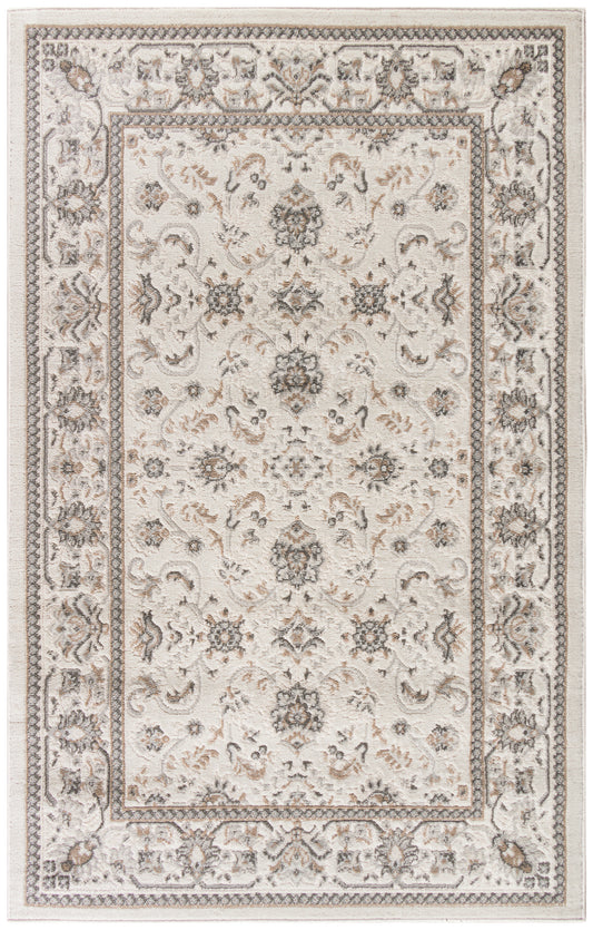 Cream & taupe oriental-style area rug with gray floral medallions & ornate border; rectangular, plush pile for living rooms.