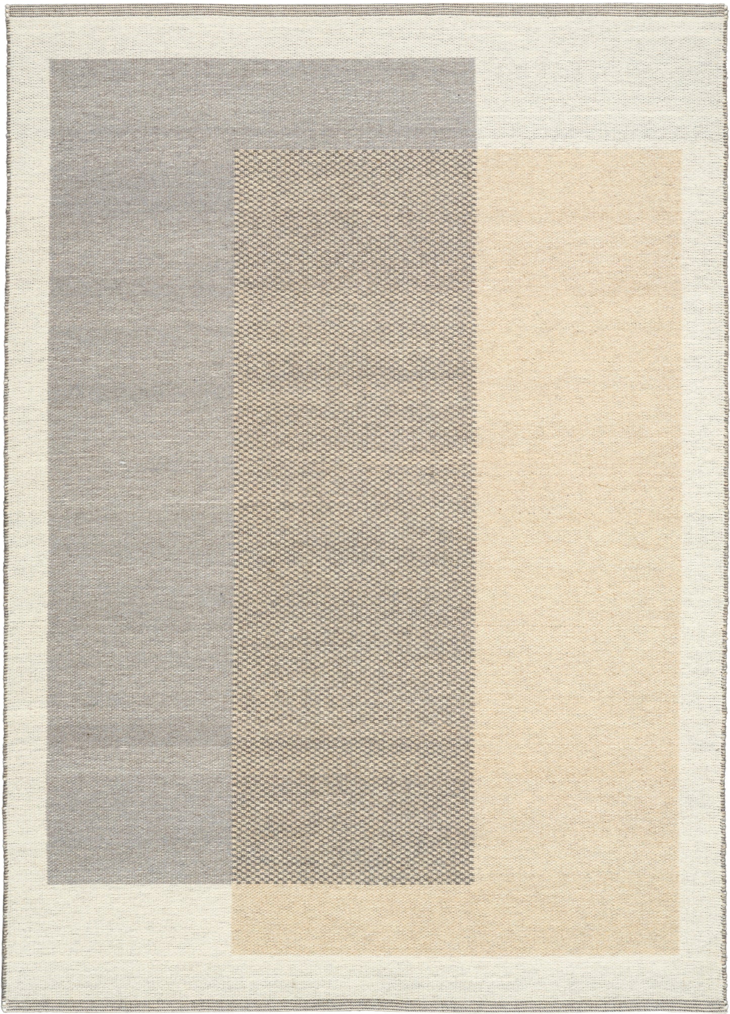 Modern area rug with three vertical panels in gray, textured taupe, and cream; abstract geometric design.