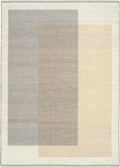 Modern area rug with three vertical panels in gray, textured taupe, and cream; abstract geometric design.