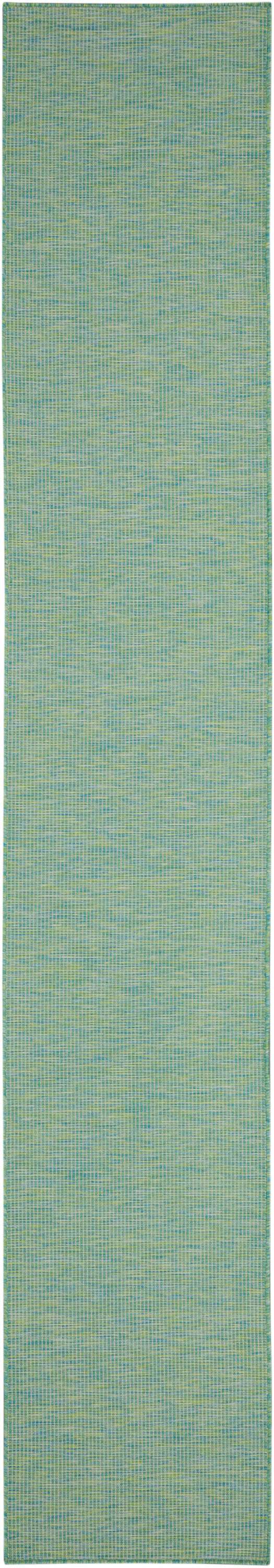 Green-blue woven rug runner with tiny checkered pattern and green border, ideal for hallways or entries.