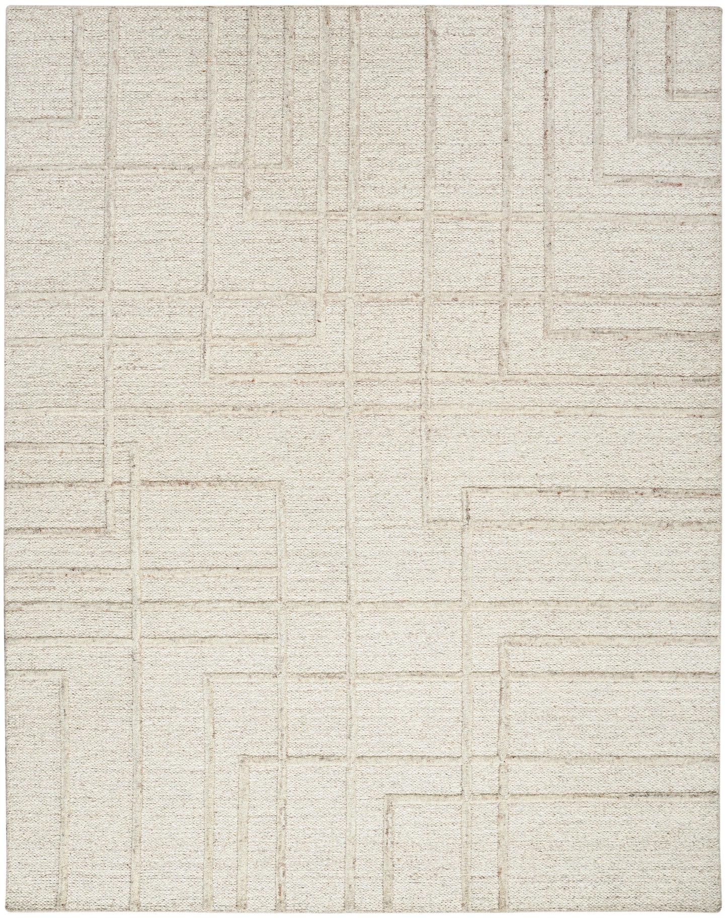 Cream rug with subtle geometric rectangular pattern in pale beige, textured woven surface.