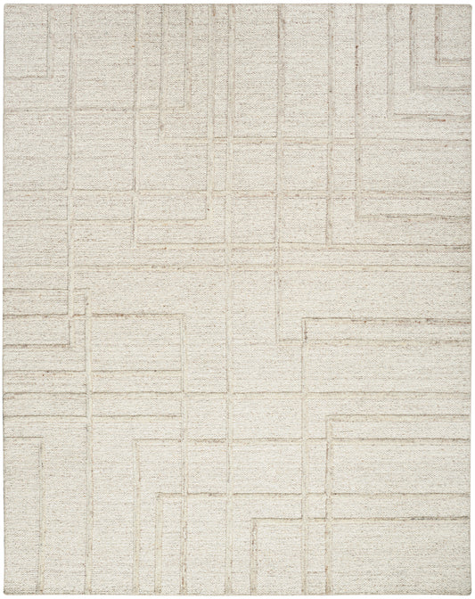 Cream rug with subtle geometric rectangular pattern in pale beige, textured woven surface.