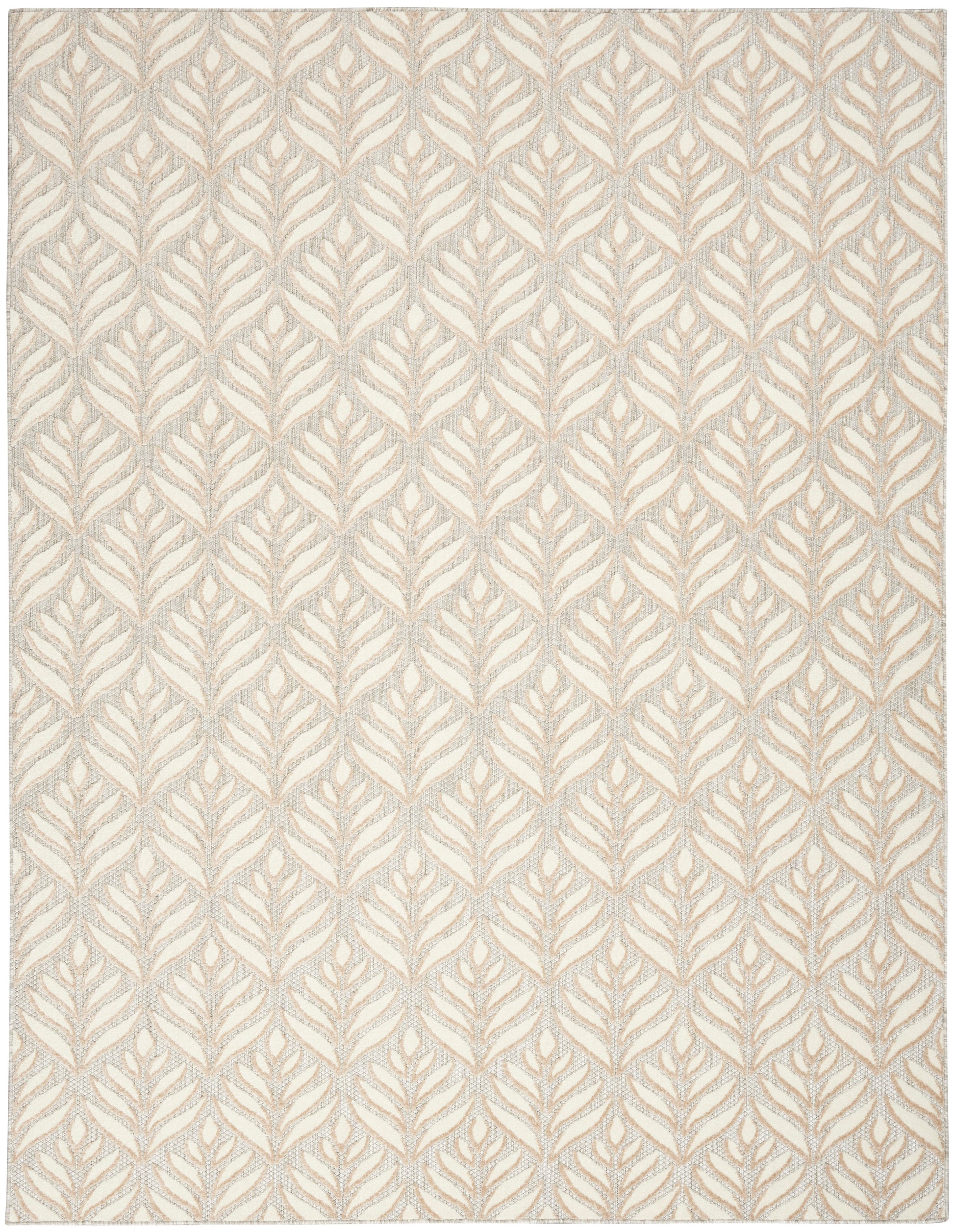 Cream rug featuring a repeating taupe-beige leaf motif with light gray stems in a botanical geometric pattern.