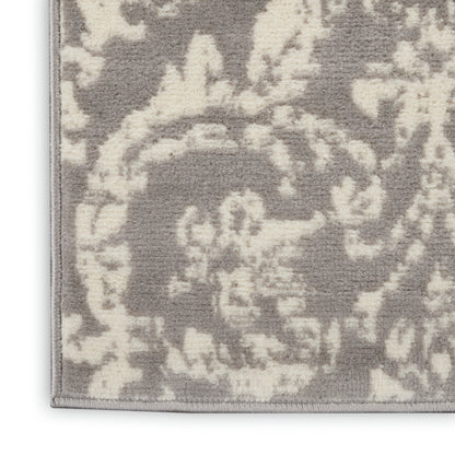 Grey and ivory damask-patterned runner rug with plush pile and bound edge, ideal living room accent.