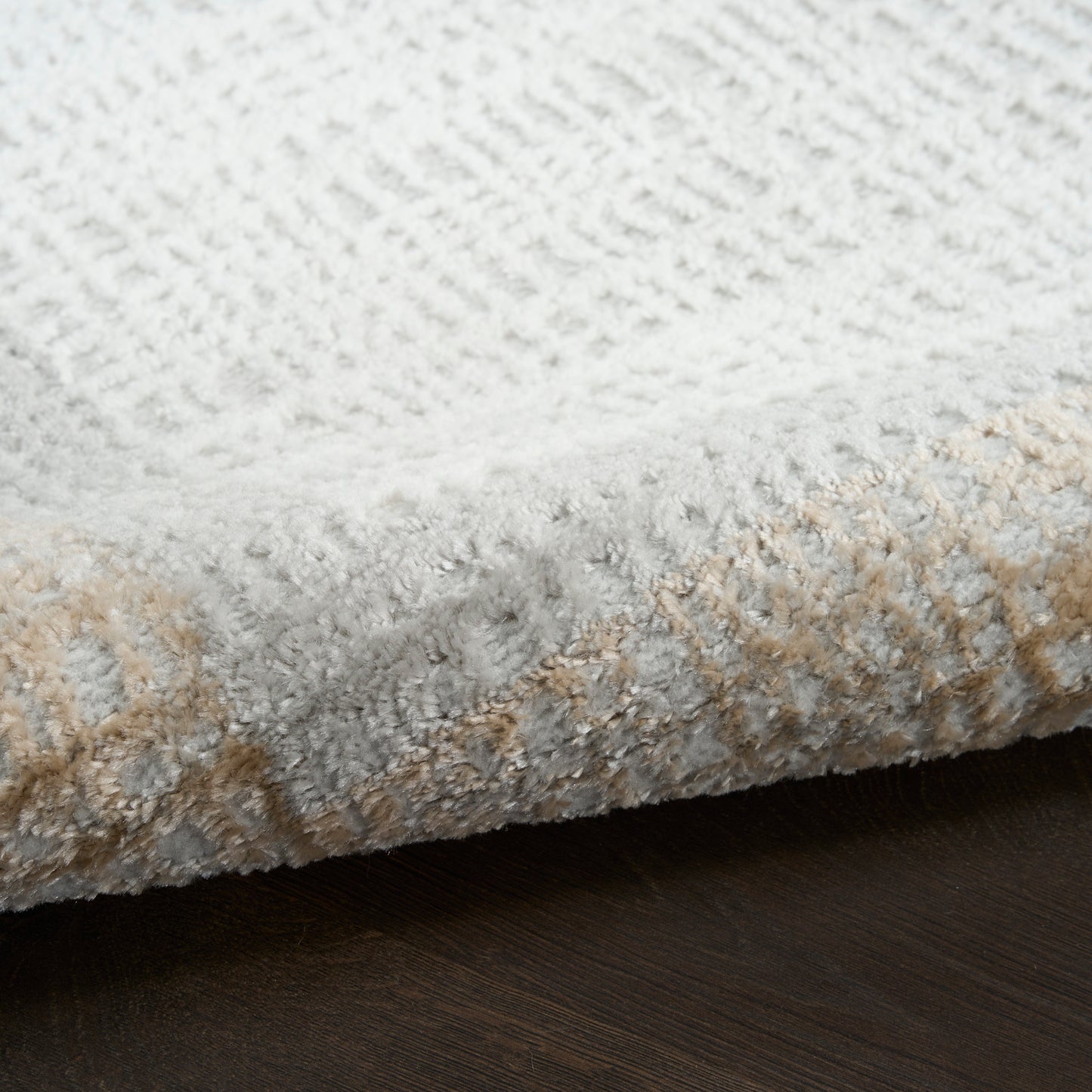 Soft plush area rug in light gray with beige accents; close-up shows textured pile on dark wood floor.