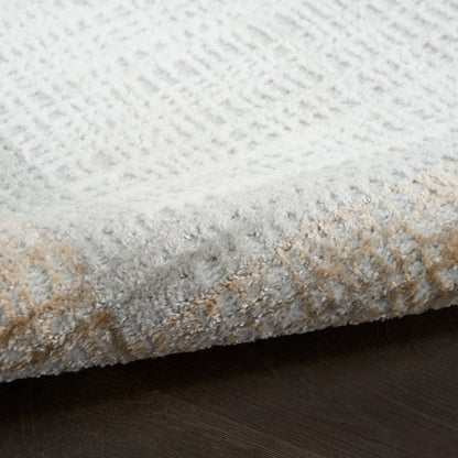 Soft plush area rug in light gray with beige accents; close-up shows textured pile on dark wood floor.
