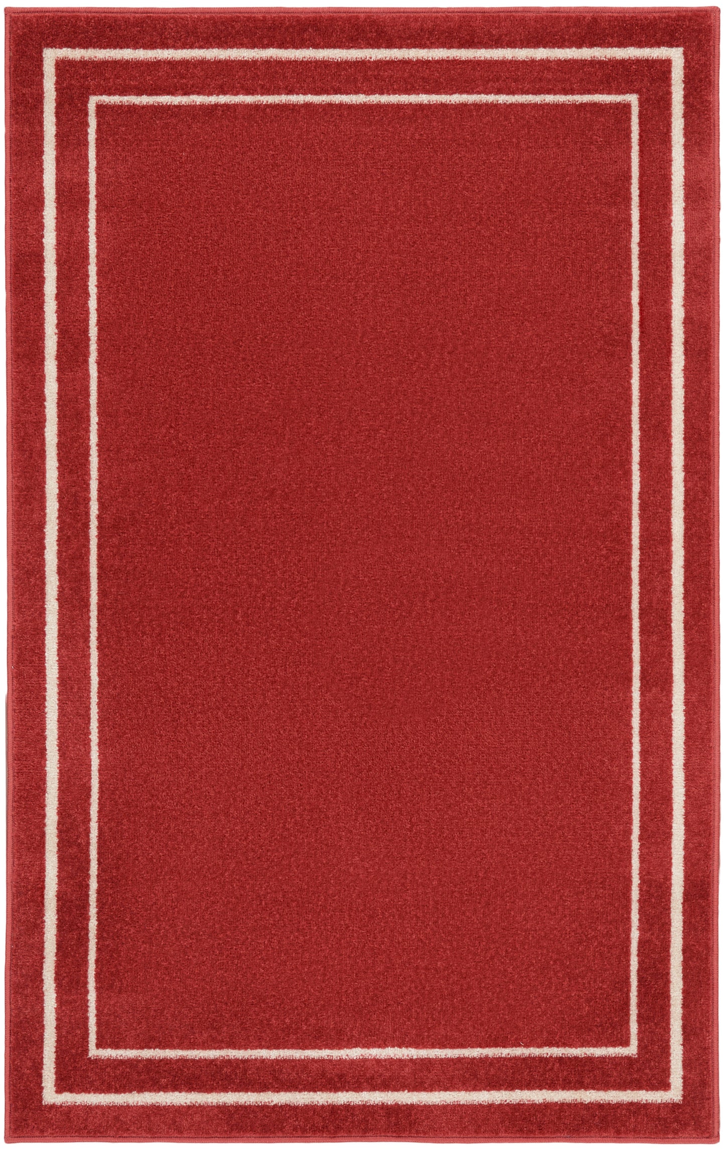 Red plush rectangular rug with two cream border lines forming nested rectangles; modern minimalist decor.