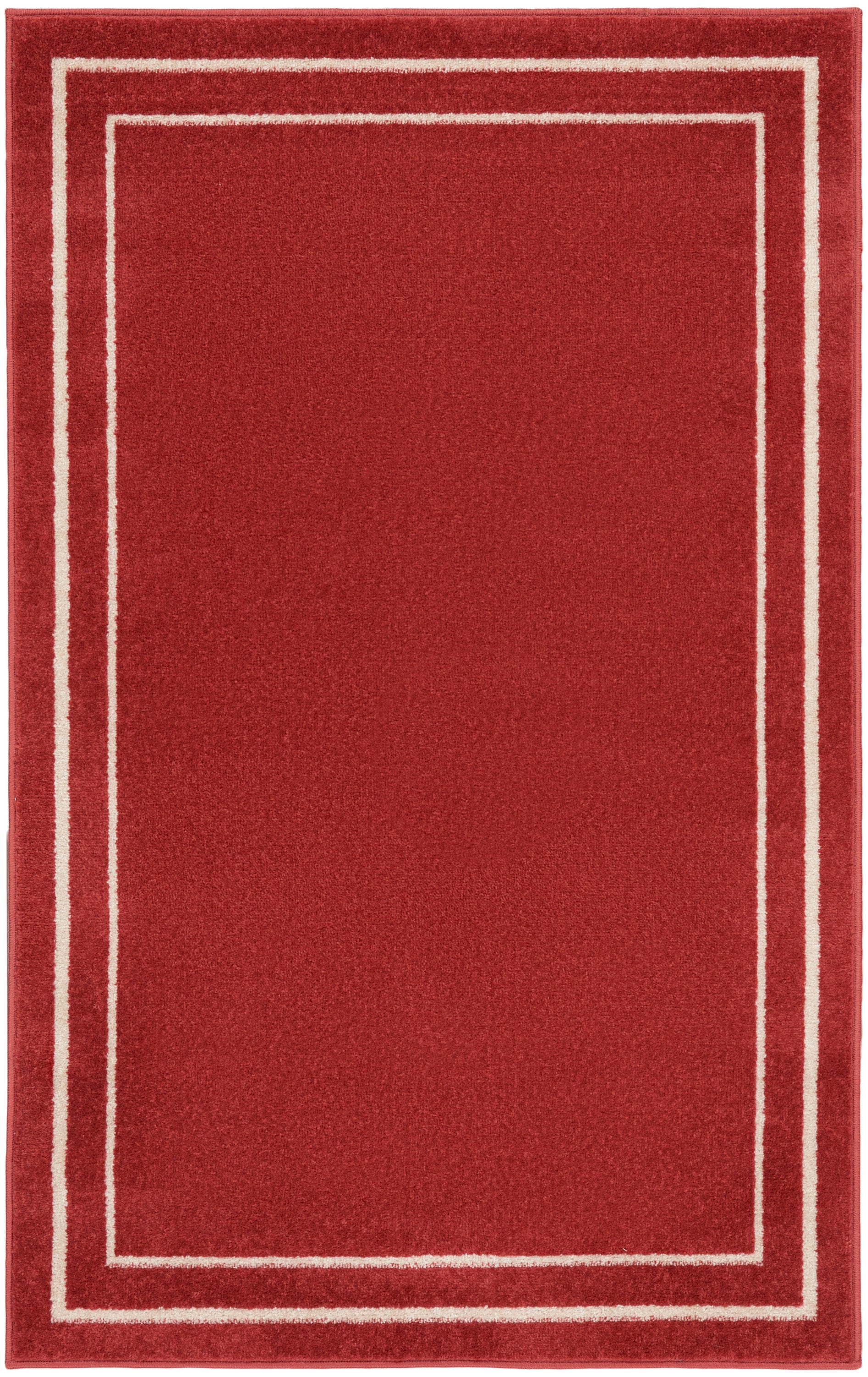 Red plush rectangular rug with two cream border lines forming nested rectangles; modern minimalist decor.