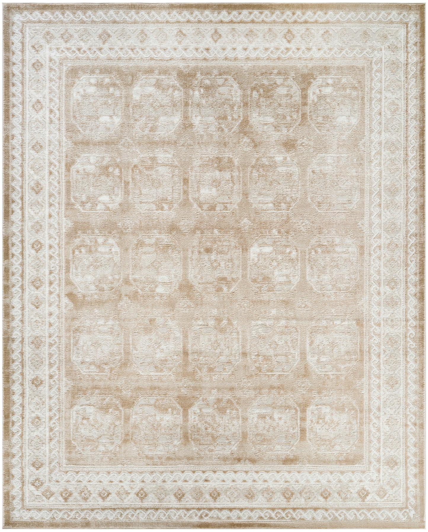 Rectangular beige distressed area rug with antique Persian-inspired motifs, cream and taupe tones, ornate multi-border design.