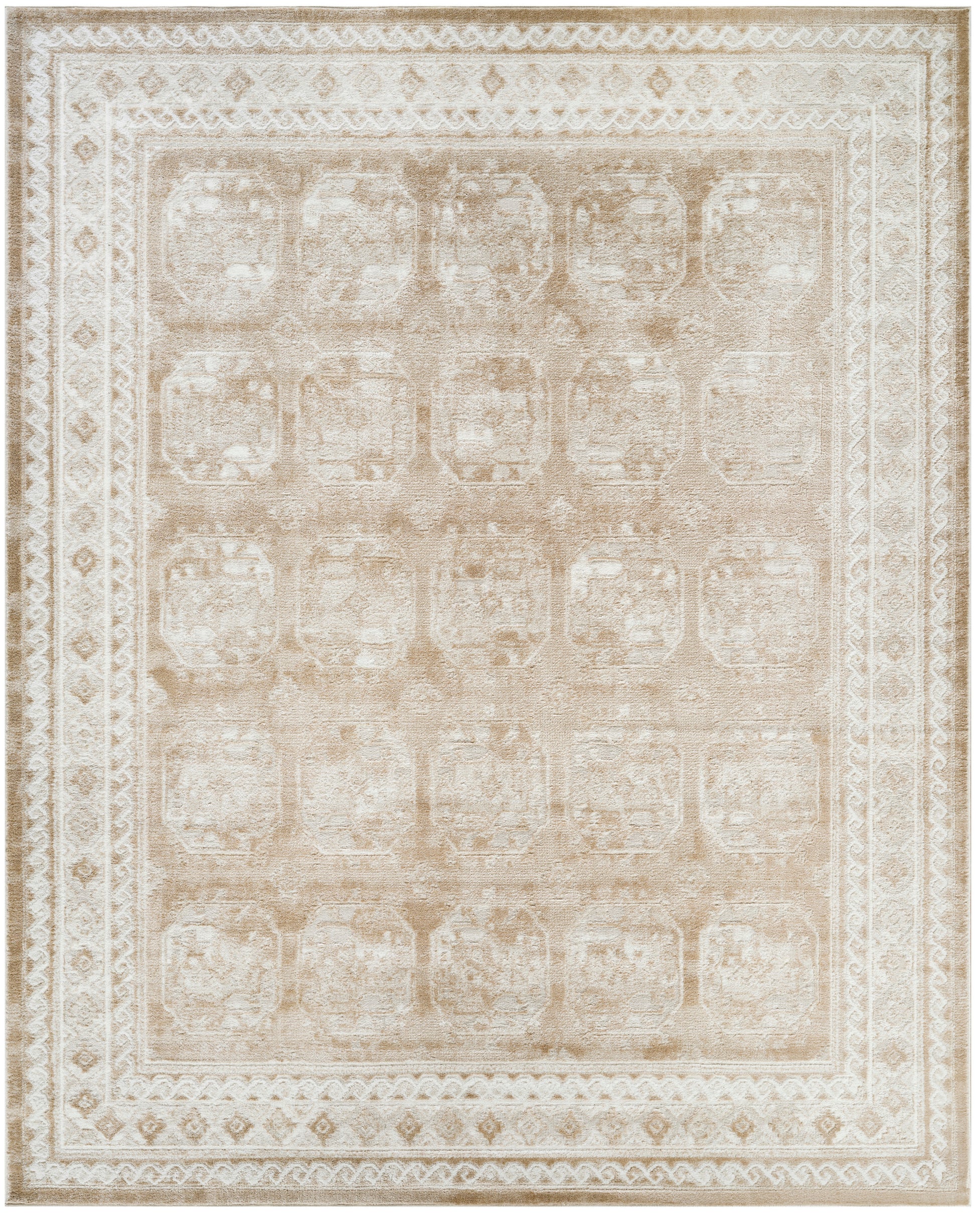 Rectangular beige distressed area rug with antique Persian-inspired motifs, cream and taupe tones, ornate multi-border design.
