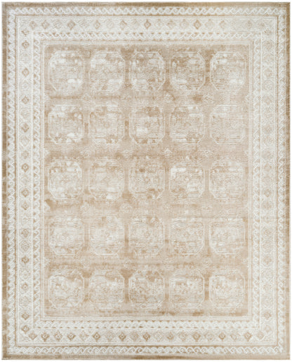 Rectangular beige distressed area rug with antique Persian-inspired motifs, cream and taupe tones, ornate multi-border design.