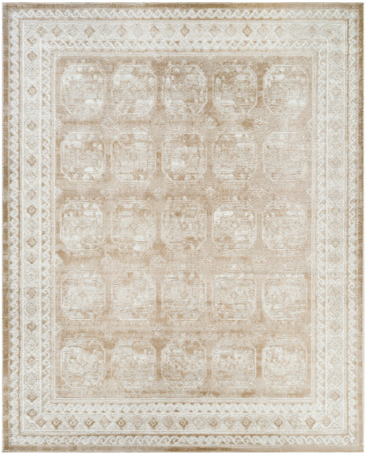 Rectangular beige distressed area rug with antique Persian-inspired motifs, cream and taupe tones, ornate multi-border design.