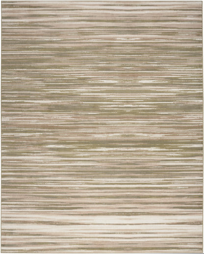 Earth-toned striped rug with beige, taupe and cream horizontal bands.