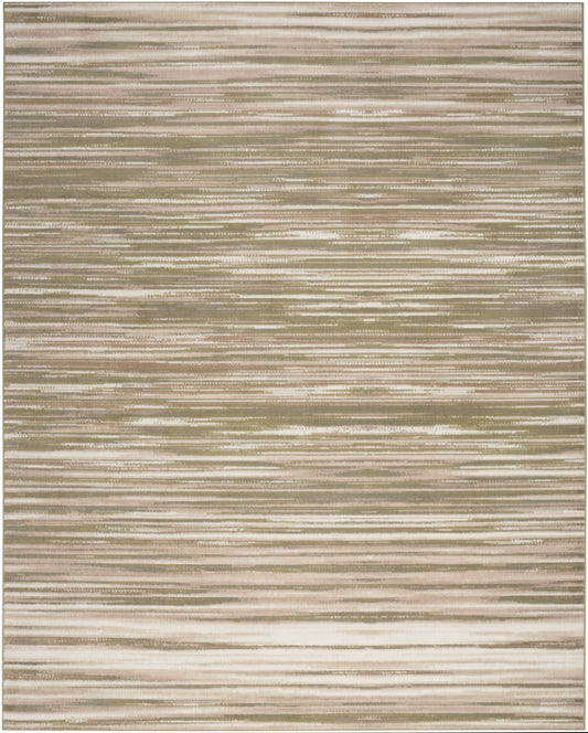 Earth-toned striped rug with beige, taupe and cream horizontal bands.