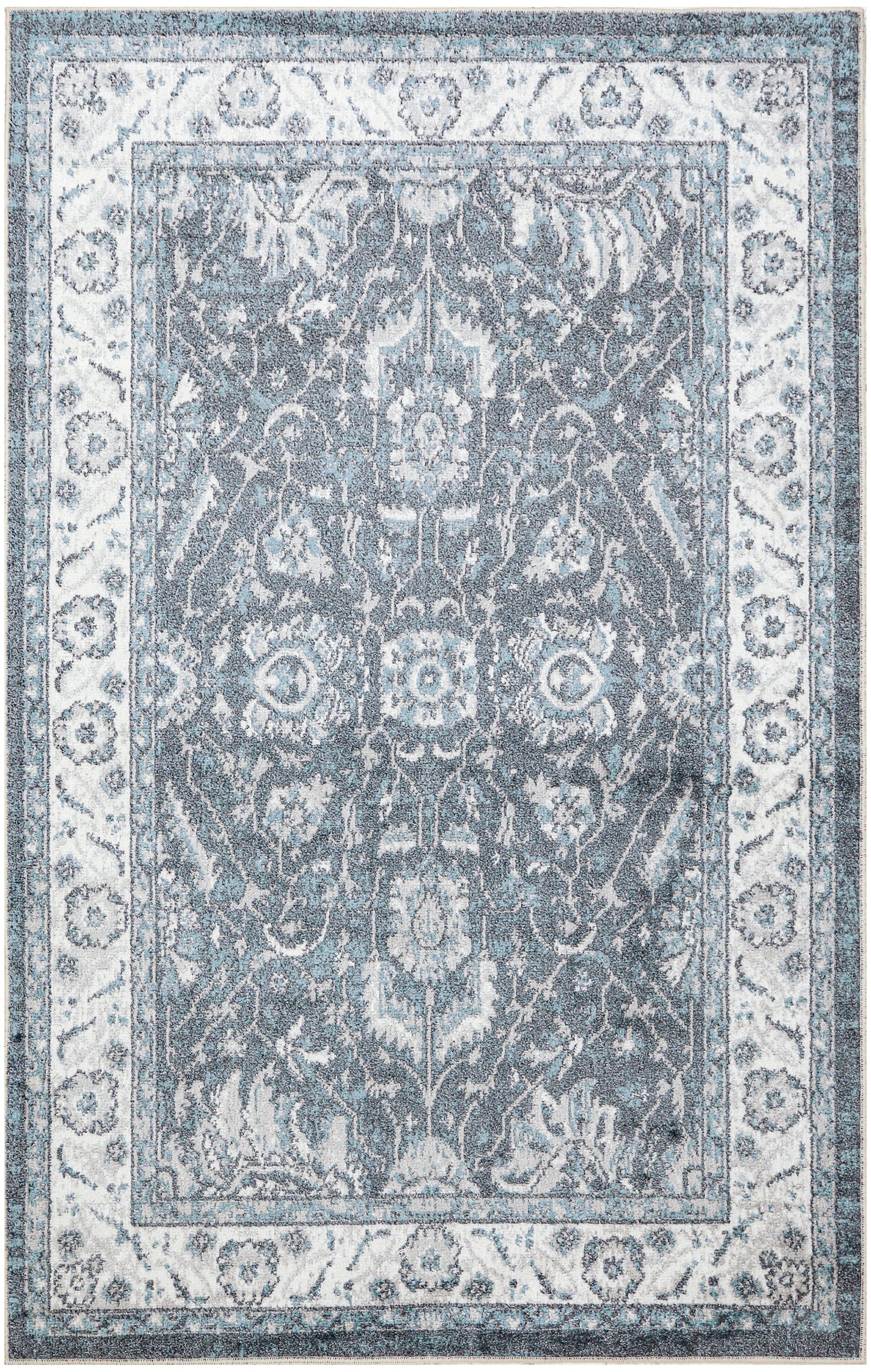Blue-gray oriental rug with ivory border and intricate floral damask pattern, traditional Persian-inspired design.
