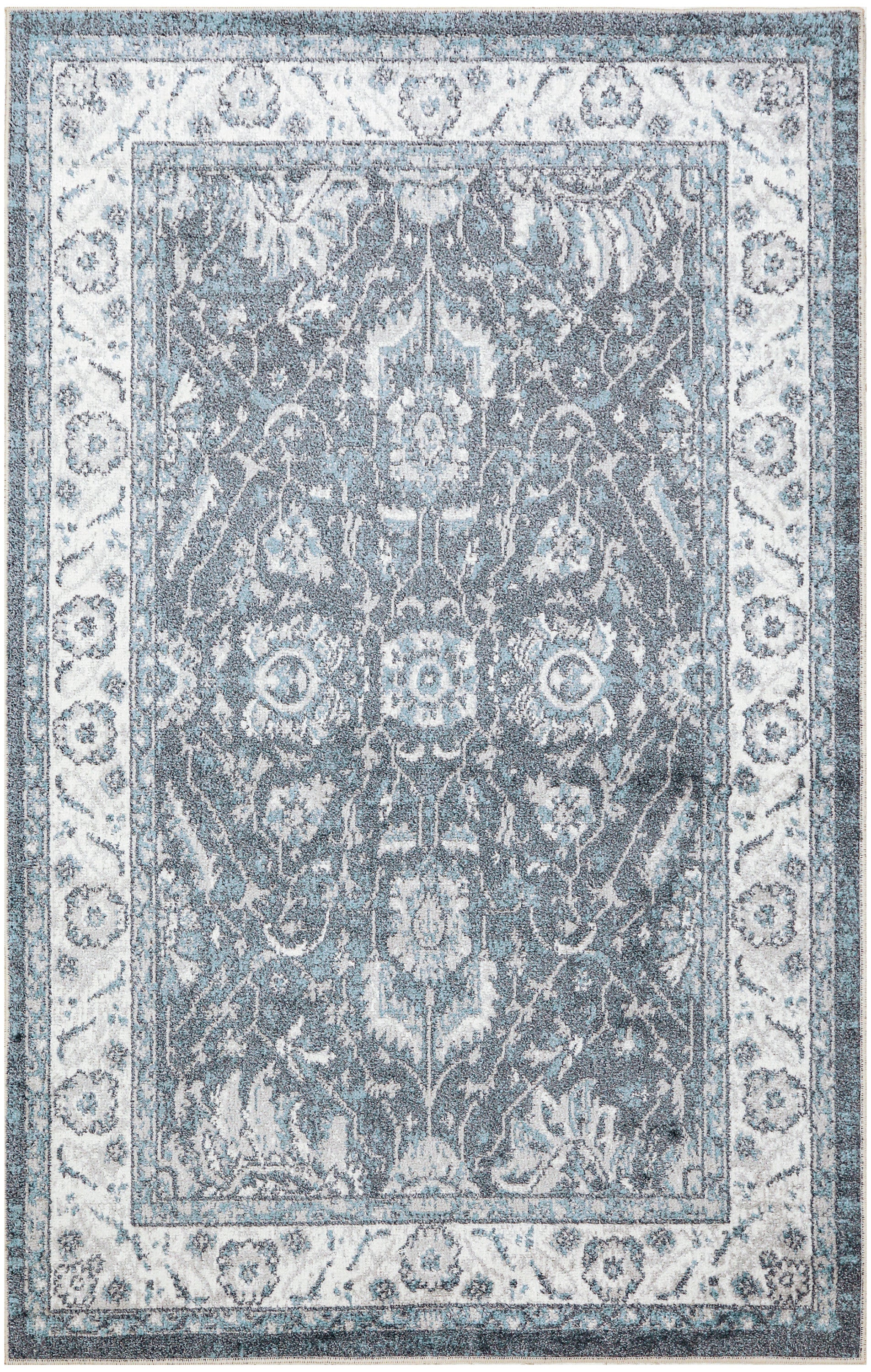 Blue-gray oriental rug with ivory border and intricate floral damask pattern, traditional Persian-inspired design.