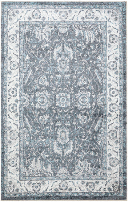 Blue-gray oriental rug with ivory border and intricate floral damask pattern, traditional Persian-inspired design.