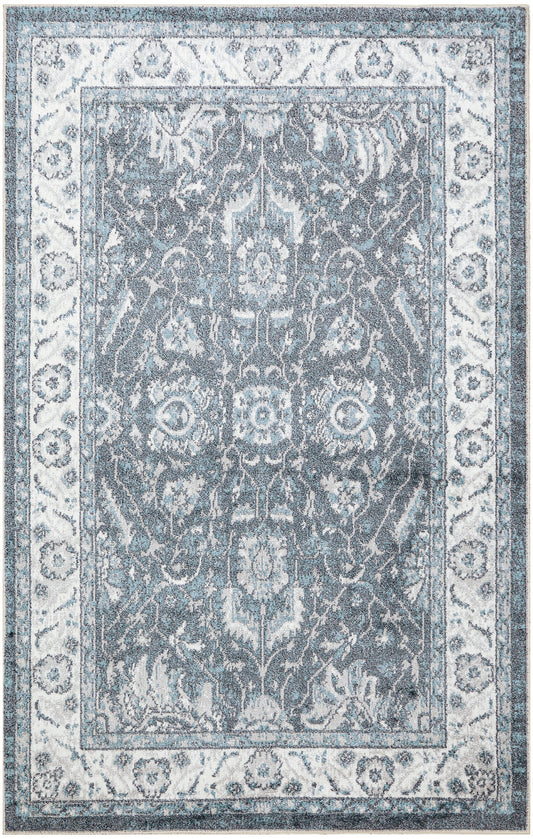 Blue-gray oriental rug with ivory border and intricate floral damask pattern, traditional Persian-inspired design.