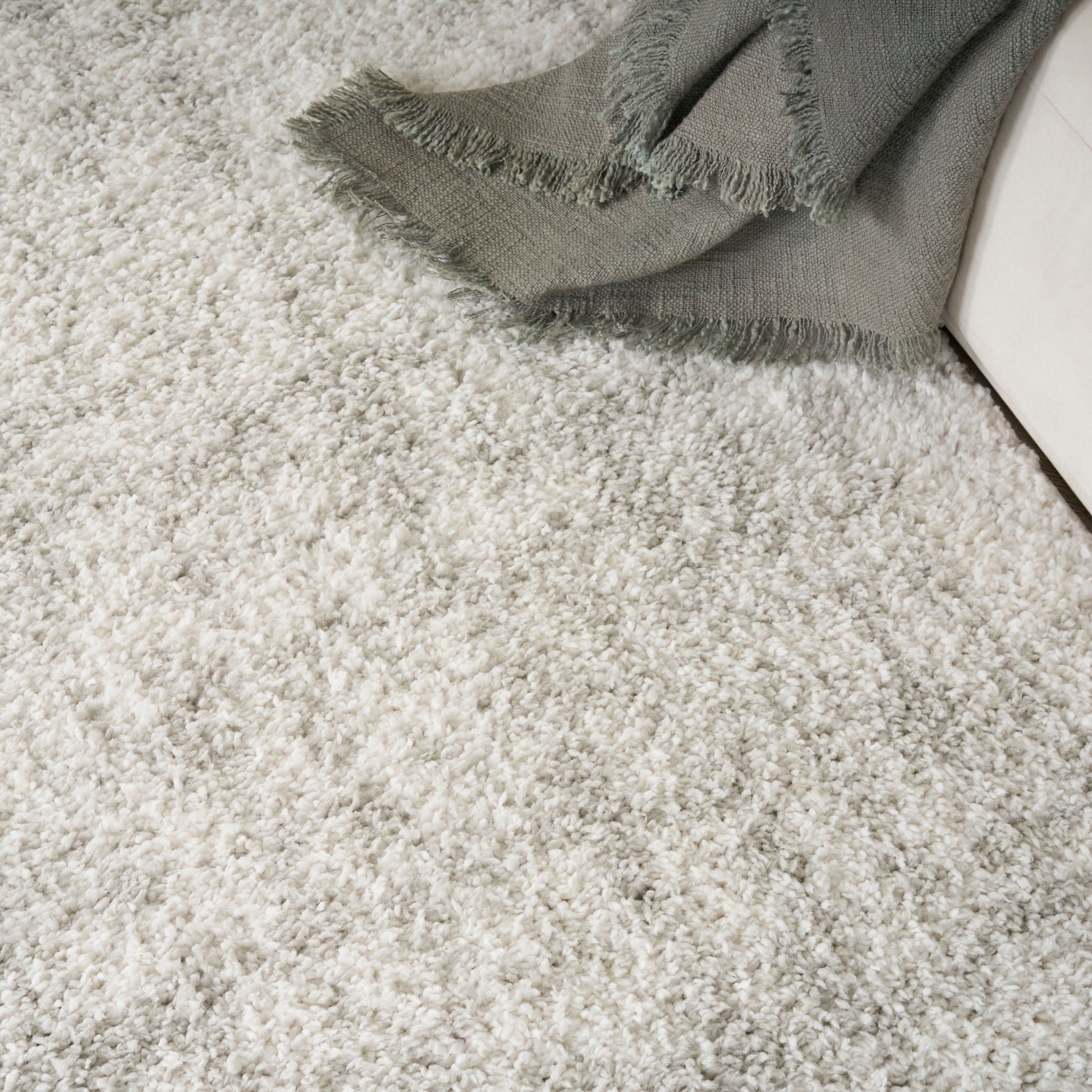 Light gray shag carpet with a fringed gray throw blanket draped over a cream sofa.